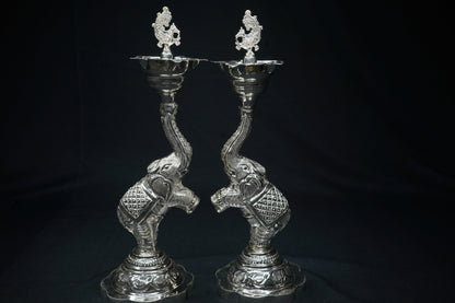 Pure Silver Elephant And Peacock Diya Pair 360g - PUSHMYCART