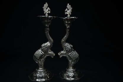 Pure Silver Elephant And Peacock Diya Pair