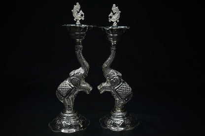 Pure Silver Elephant And Peacock Diya Pair