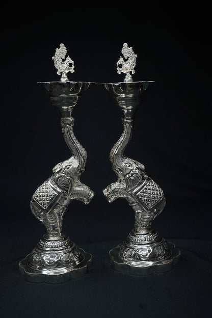 Pure Silver Elephant And Peacock Diya Pair