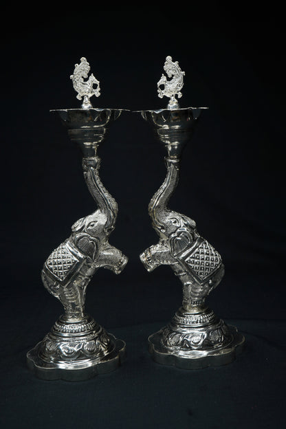 Pure Silver Elephant And Peacock Diya Pair