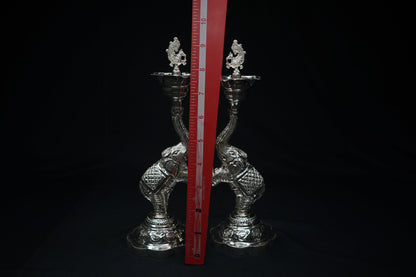 Pure Silver Elephant And Peacock Diya Pair