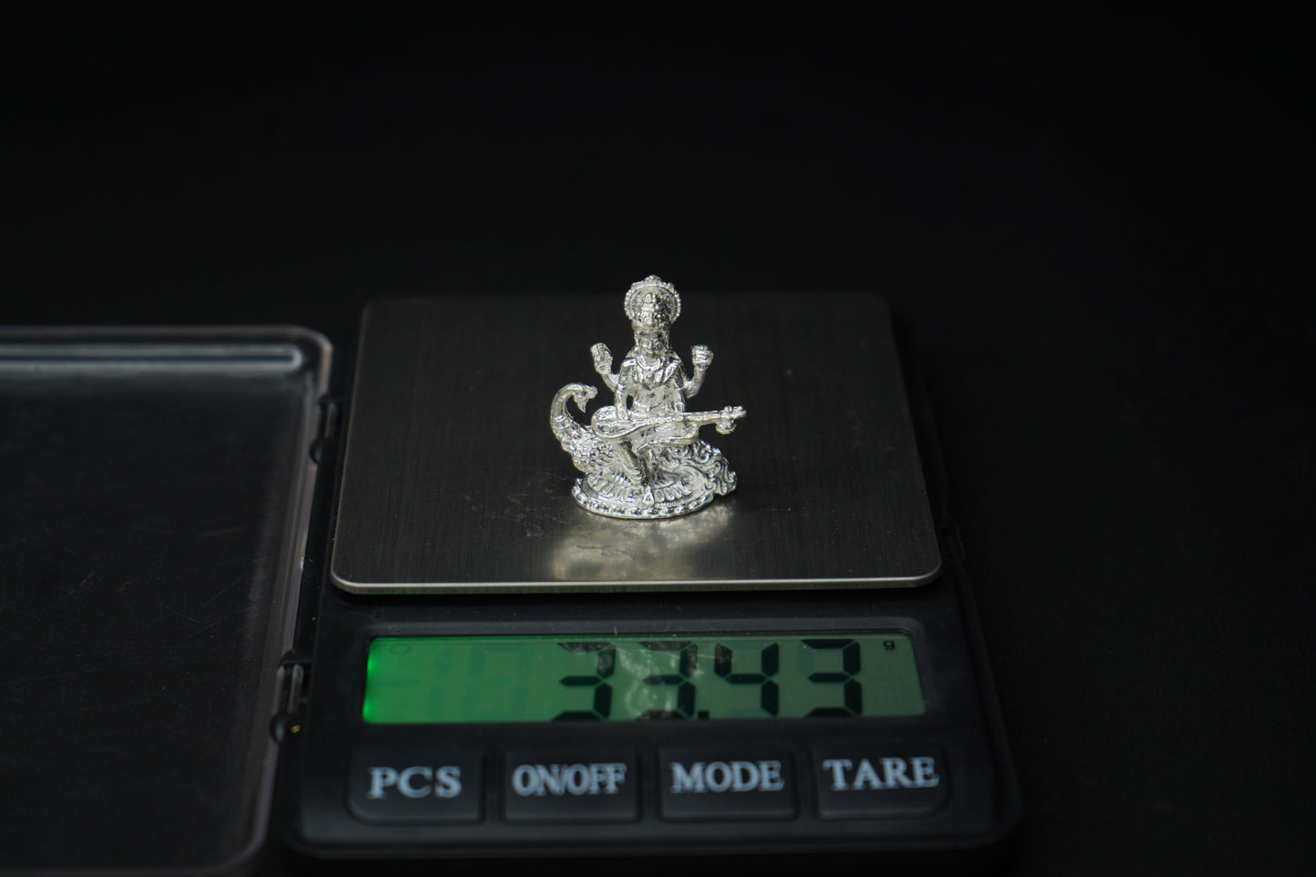 Pure Silver Saraswati on Peacock Idol