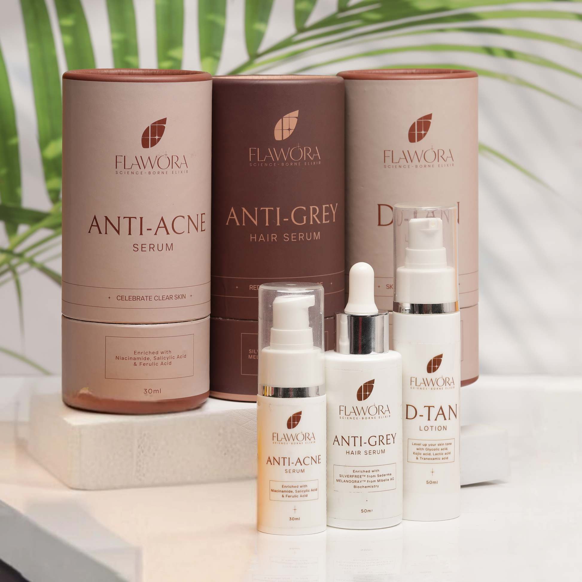 Flawora Anti Grey Hair Serum, D Tan Lotion, Anti Acne Serum-Combo of 3