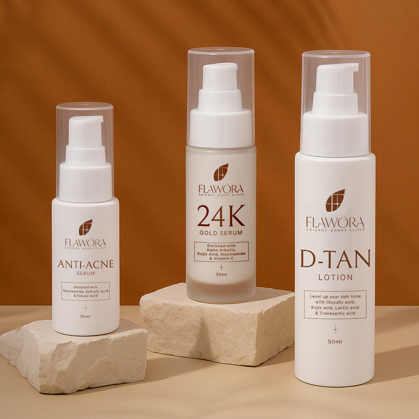 Flawora D-TAN, Anti Acne and 24K Gold Serum-Bridal Glow Kit