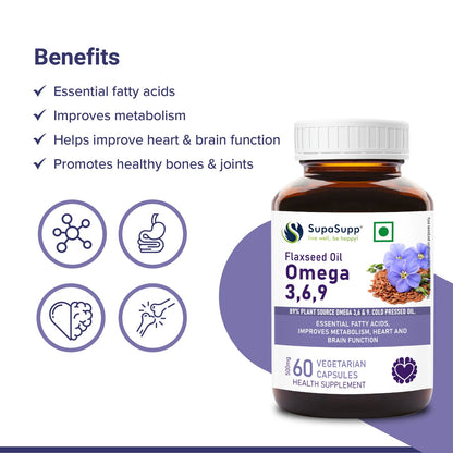 Sri Sri Tattva SupaSupp Flaxseed Oil Omega 3,6,9 | Essential Fatty Acids, Improves Metabolism, Heart And Brain Function | Health Supplement | 60