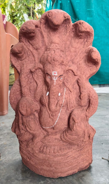 Gomaya Ganesha Idol-Sitting On Shesha Nagu (14 inch Hight) - clay colour
