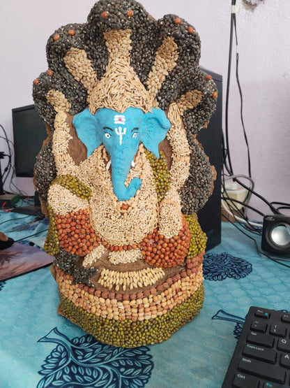Gomaya Ganesha Idol-Sitting On Shesha Nagu (14 inch Hight) - clay colour