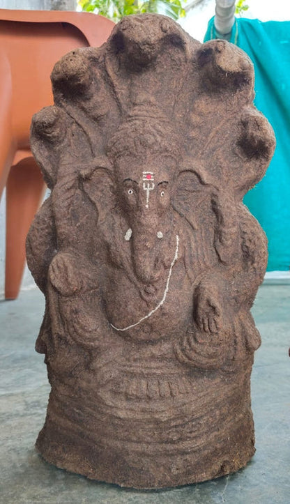 Gomaya Ganesha Idol-Sitting On Shesha Nagu (14 inch Hight) - clay colour