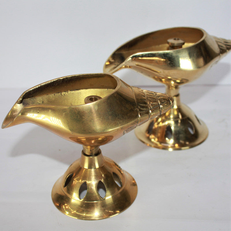 Brass Shankh Pair Deepak with Stand Oil lamp