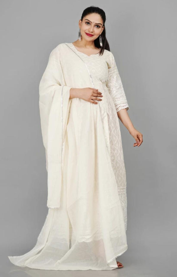 Miravan Women's Cream Chikankari Anarkali Kurta With Cotton Dupatta