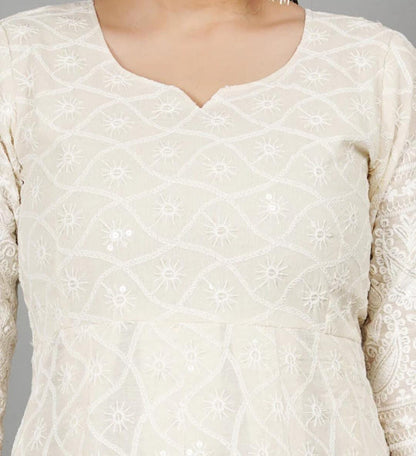 Miravan Women's Cream Chikankari Anarkali Kurta With Cotton Dupatta