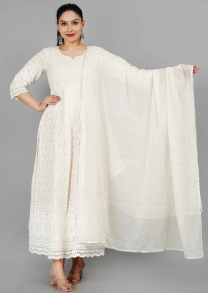 Miravan Women's Cream Chikankari Anarkali Kurta With Cotton Dupatta