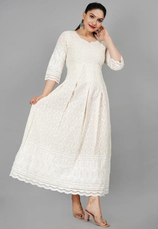 Miravan Women's Cream Chikankari Anarkali Kurta With Cotton Dupatta