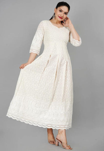 Miravan Women's Cream Chikankari Anarkali Kurta With Cotton Dupatta