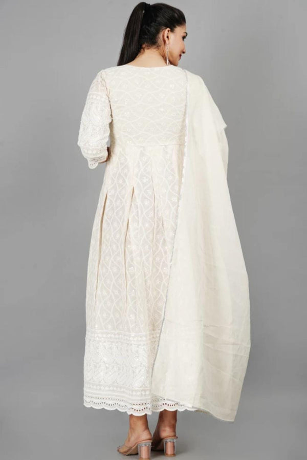 Miravan Women's Cream Chikankari Anarkali Kurta With Cotton Dupatta