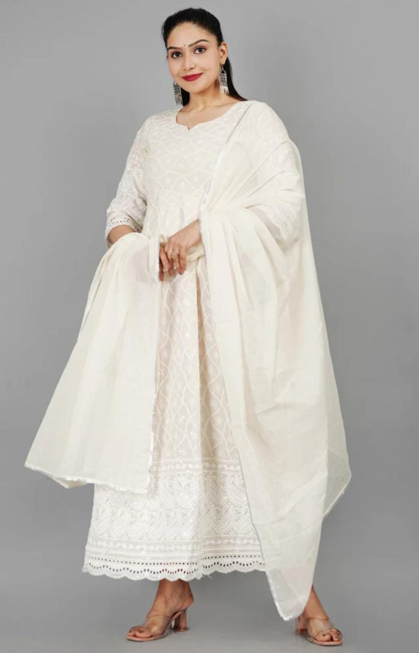 Miravan Women's Cream Chikankari Anarkali Kurta With Cotton Dupatta