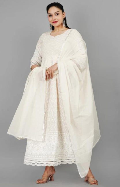 Miravan Women's Cream Chikankari Anarkali Kurta With Cotton Dupatta