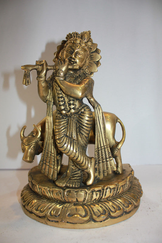 Brass Krishna With Cow God Statue