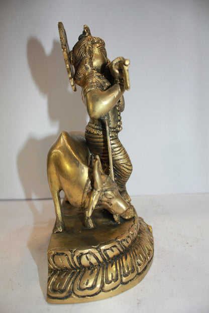 Brass Krishna With Cow God Statue