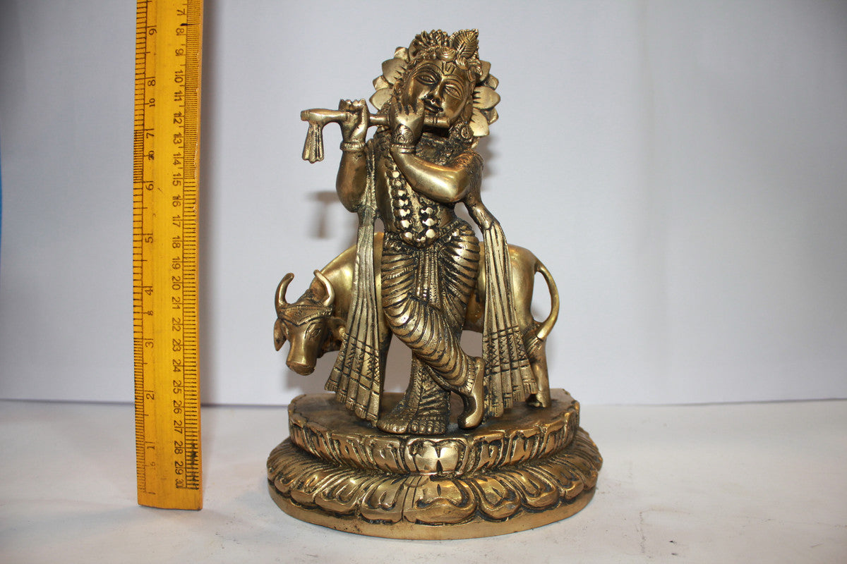 Brass Krishna With Cow God Statue