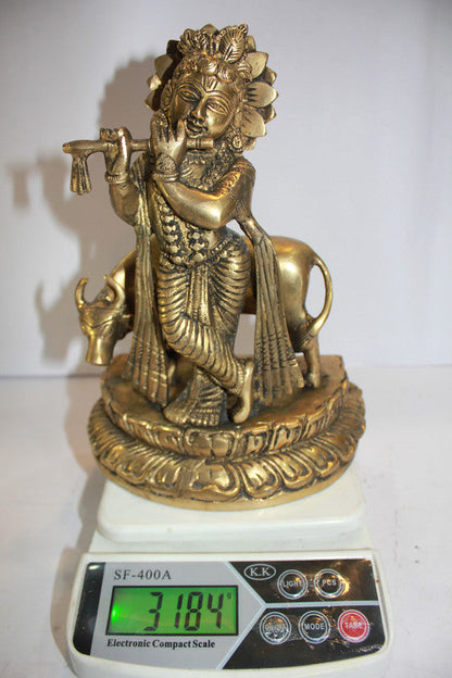 Brass Krishna With Cow God Statue