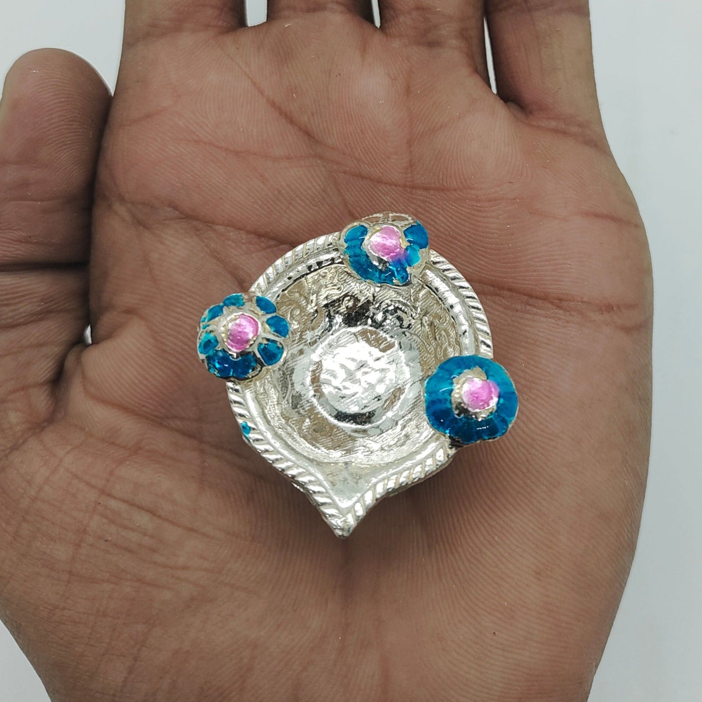 Pure Silver Fancy Diya Pair With Blue Flowers