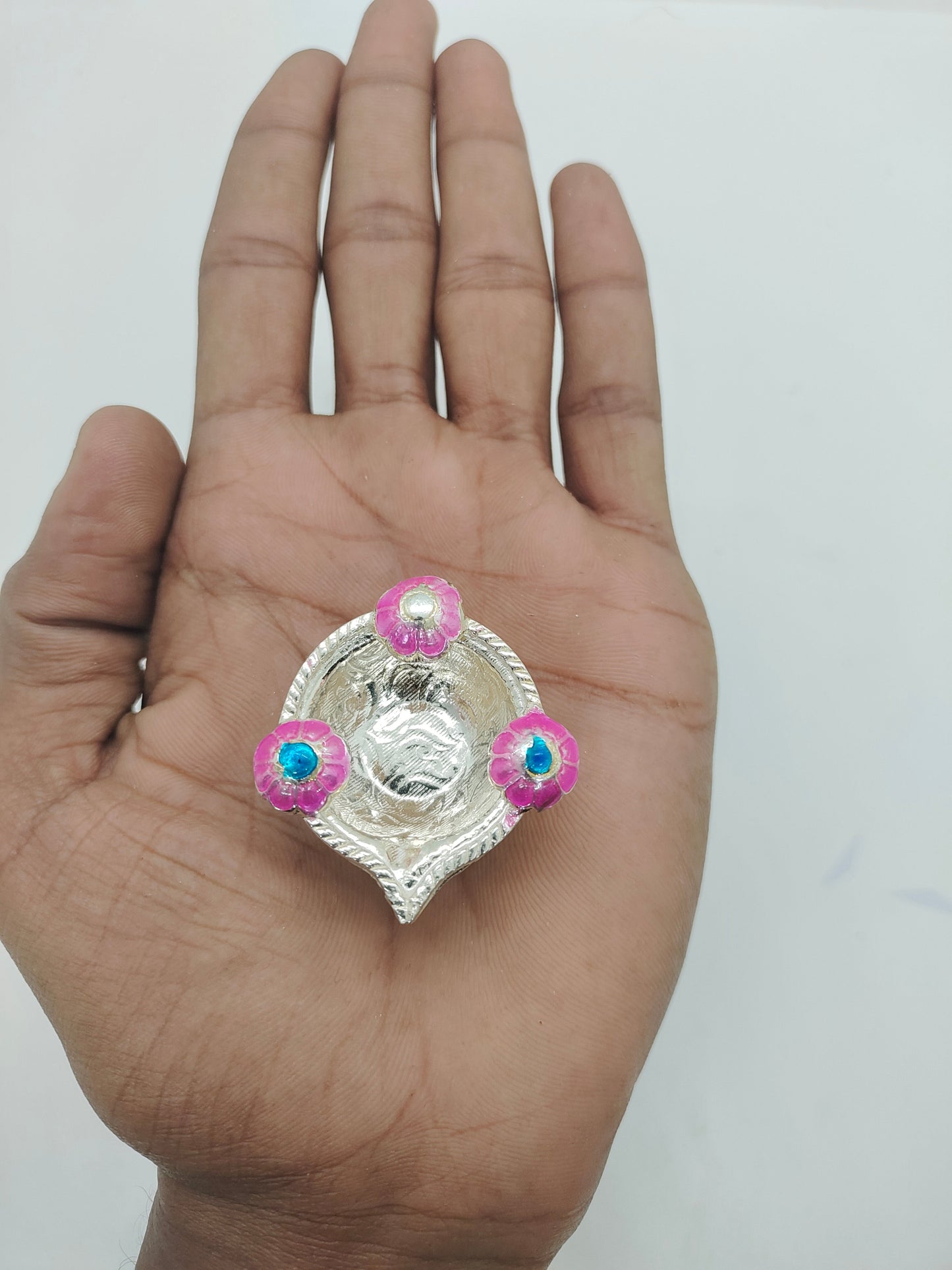 Pure Silver Fancy Diya With Pink Flowers