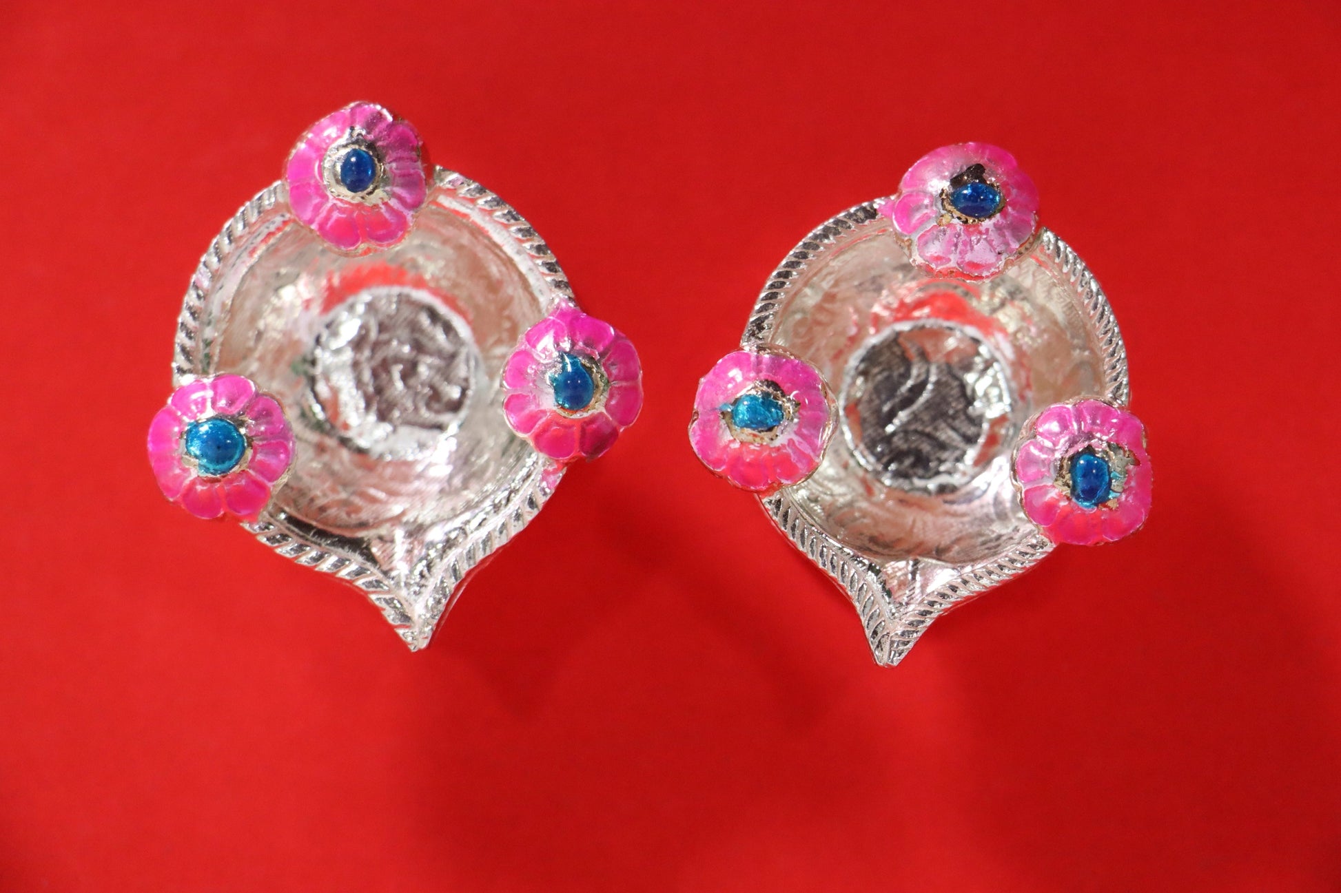 Pure Silver Fancy Diya With Pink Flowers 19.75 Grams - PUSHMYCART