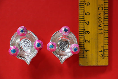 Pure Silver Fancy Diya With Pink Flowers