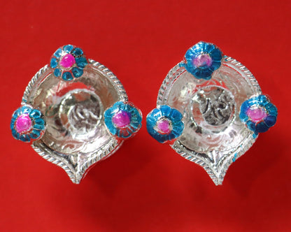 Pure Silver Fancy Diya With Blue Flowers 20.16 Grams - PUSHMYCART