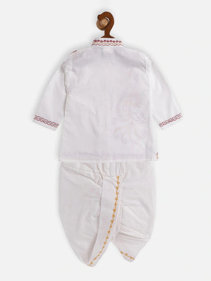 JBN Creation Boy's White Ethnic Motifs Embroidered Angrakha Kurta With Dhoti Pants