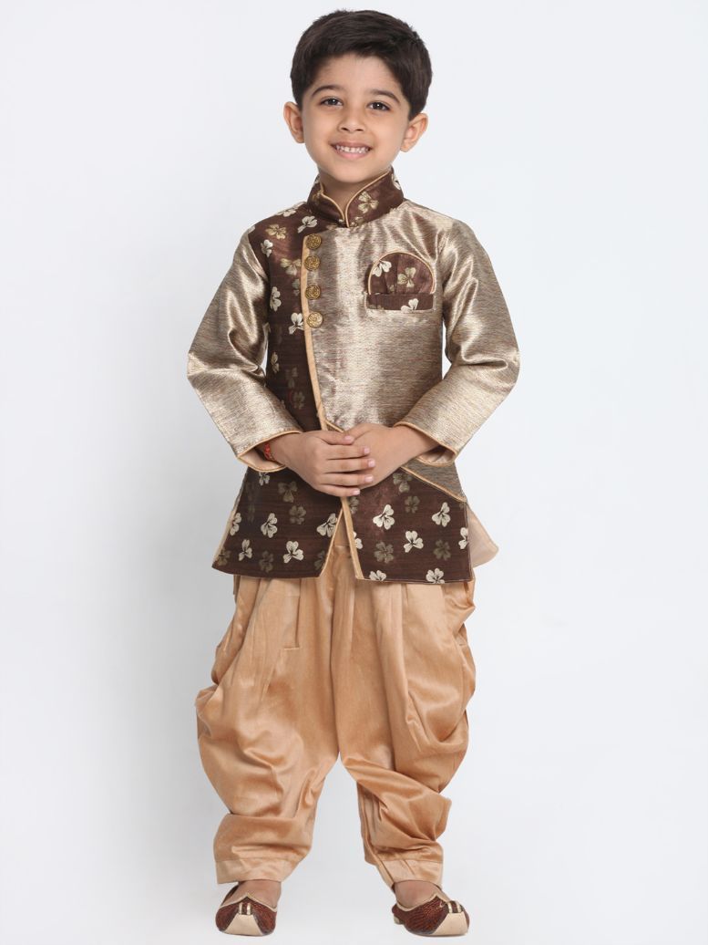 JBN CREATION Boys' Gold Cotton Silk Blend Kurta and Dhoti Pant Set