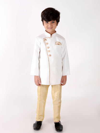 JBN CREATION Boys' White Jute Silk Sherwani Set