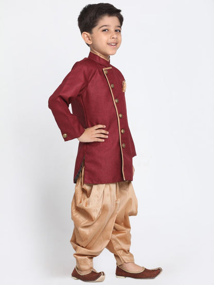 Vastramay Boys' Maroon Jute Silk Blend Sherwani Set