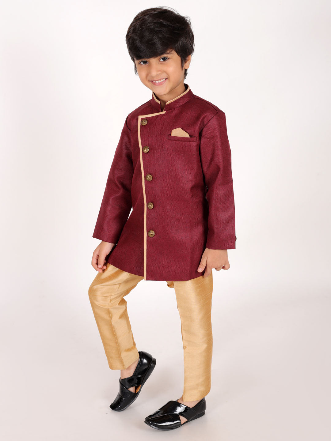 JBN CREATION Boys' Maroon Jute Silk Sherwani Set