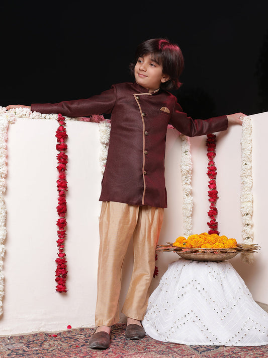 JBN CREATION Boys' Maroon Jute Silk Sherwani Set