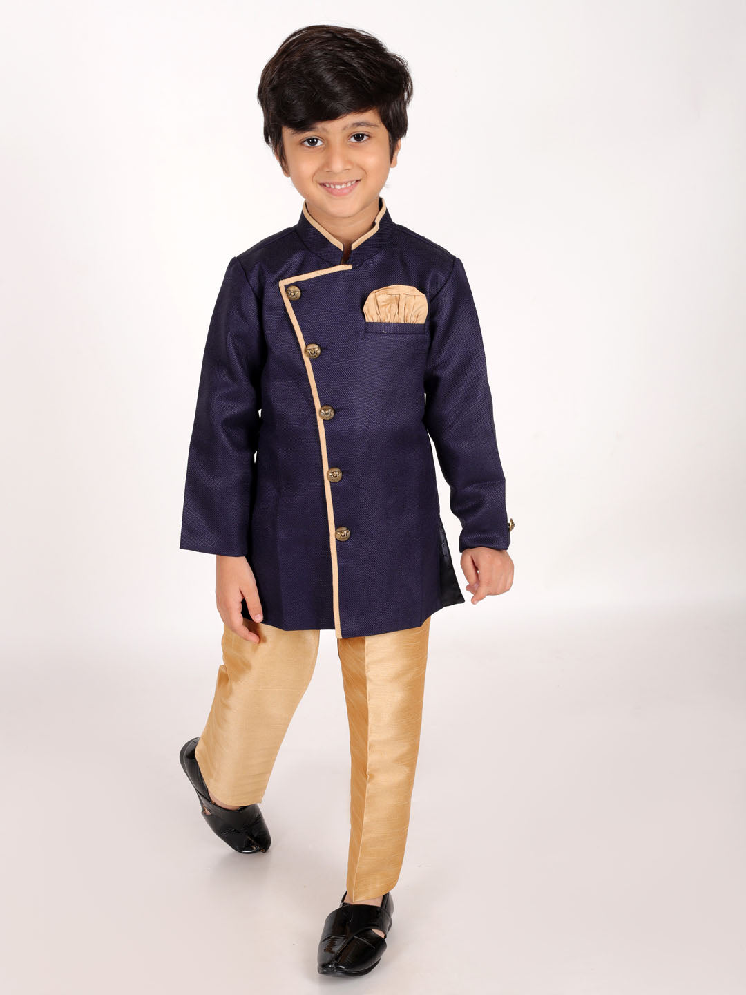 JBN CREATION Boys' Navy Blue Jute Silk Sherwani Set