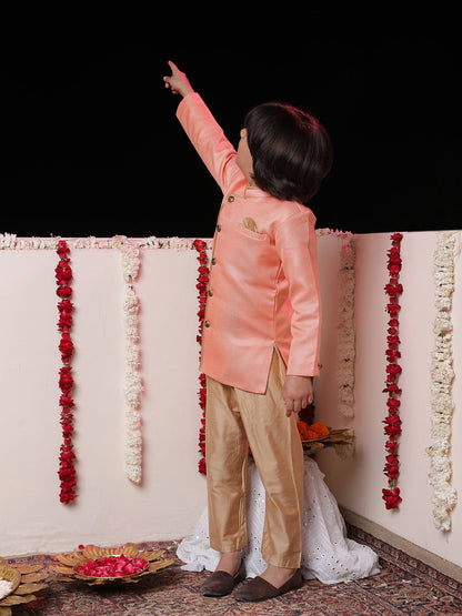 JBN CREATION Boys' Pink Jute Silk Sherwani Set