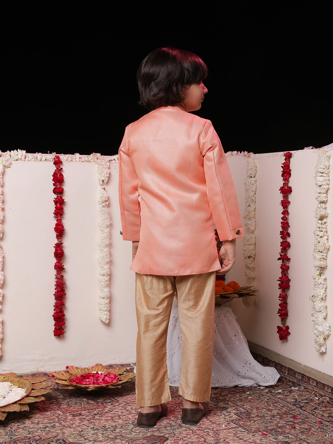 JBN CREATION Boys' Pink Jute Silk Sherwani Set