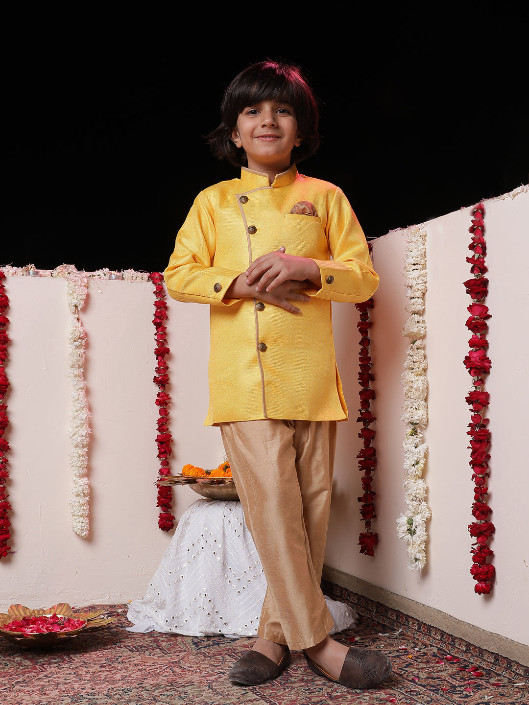 JBN CREATION Boys' Yellow Jute Silk Sherwani Set