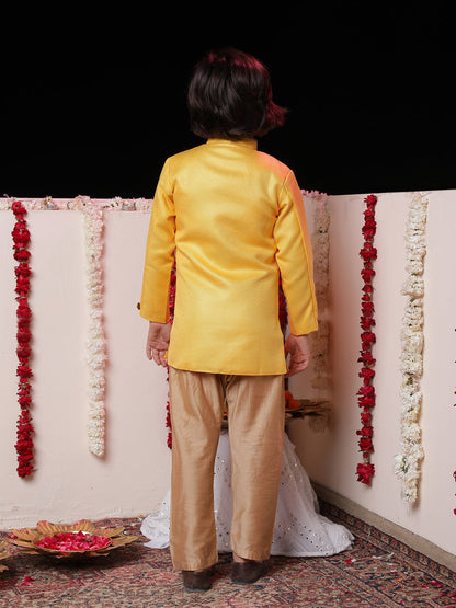 JBN CREATION Boys' Yellow Jute Silk Sherwani Set