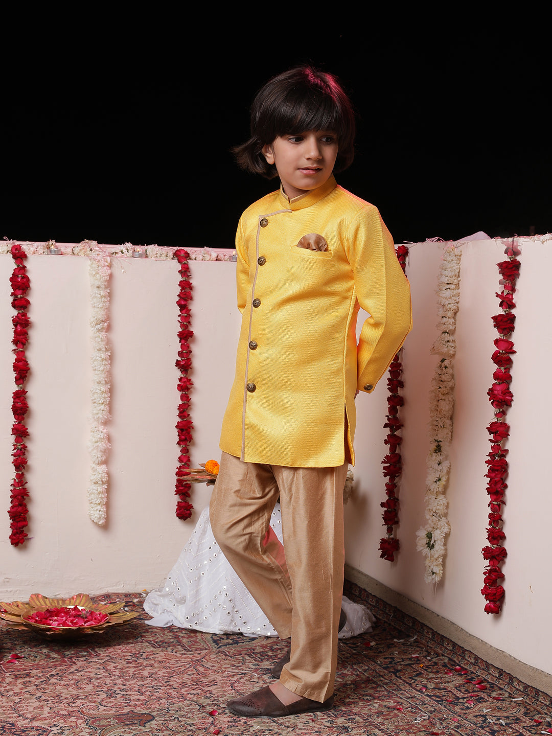 JBN CREATION Boys' Yellow Jute Silk Sherwani Set