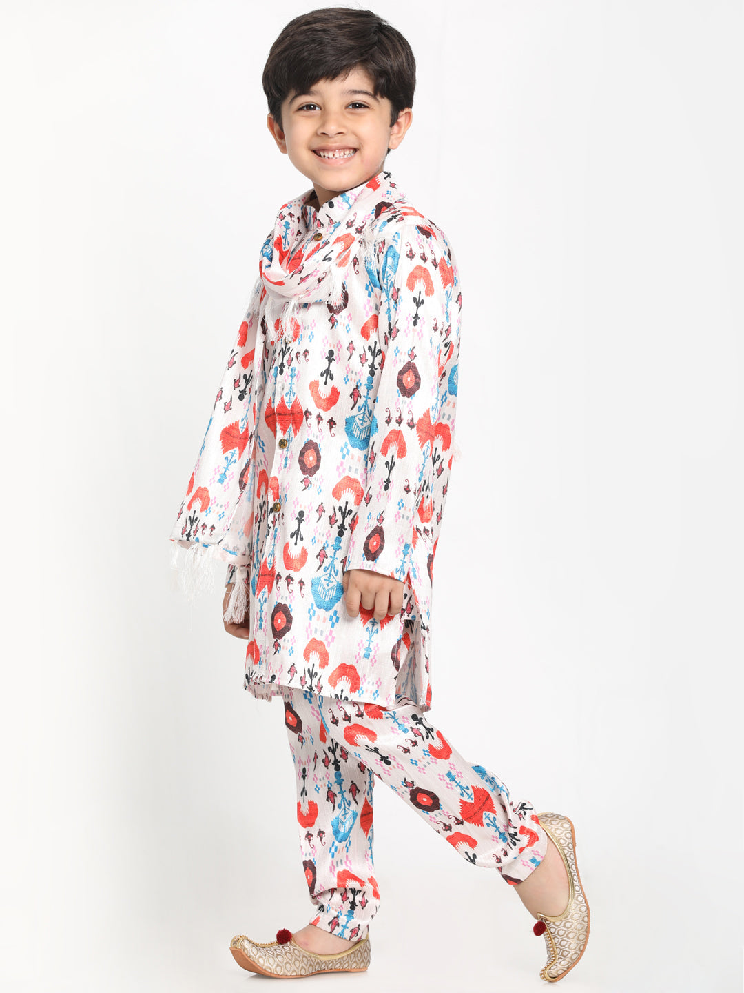 JBN CREATION Boy's Digital Printed Silk Blend Kurta, Pyjama & Dupatta Set