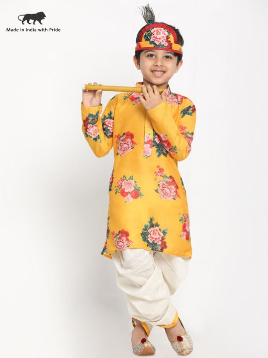 Vastramay Boy's Yellow Krishna Style Kurta and Dhot Set