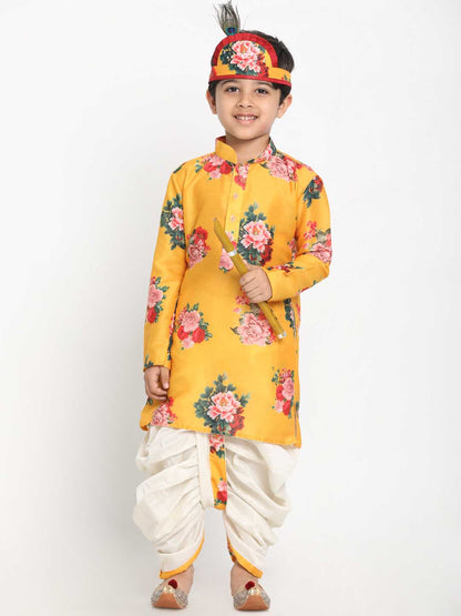 Vastramay Boy's Yellow Krishna Style Kurta and Dhot Set