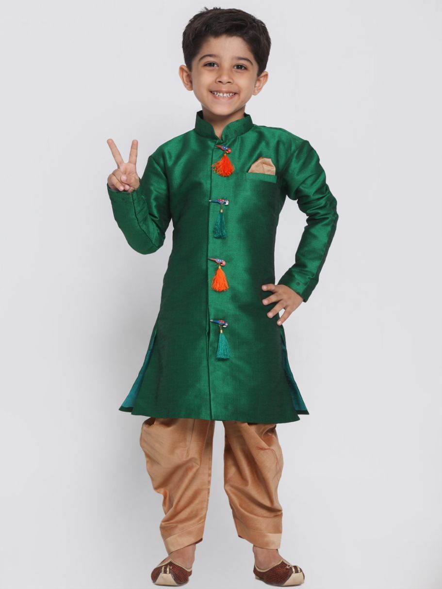 Vastramay Boys' Green Cotton Silk Blend Kurta and Dhoti Set