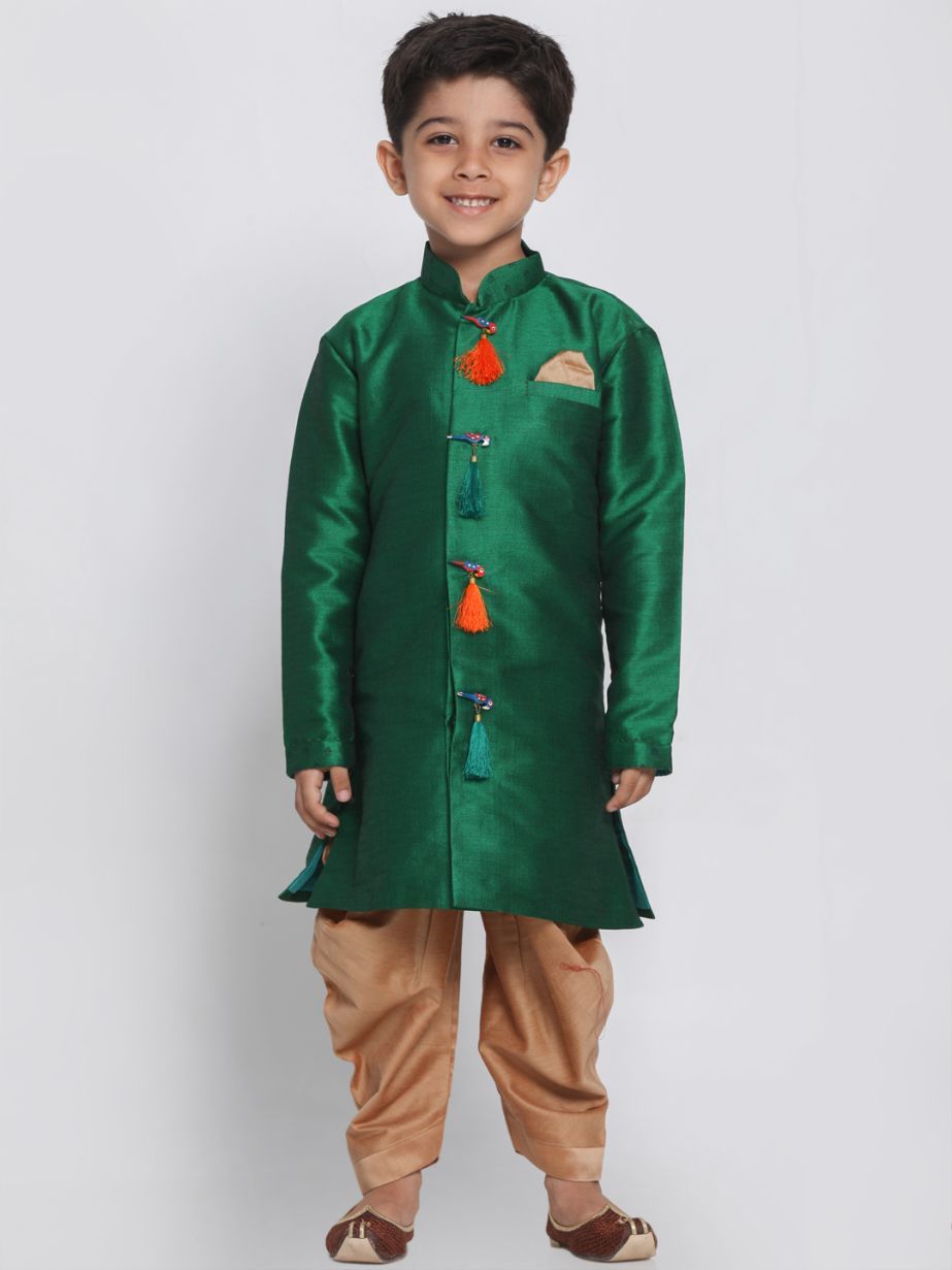 Vastramay Boys' Green Cotton Silk Blend Kurta and Dhoti Set