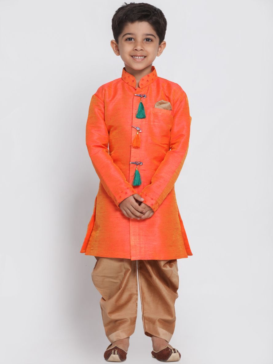 Vastramay Boys' Orange Cotton Silk Blend Kurta and Dhoti Set