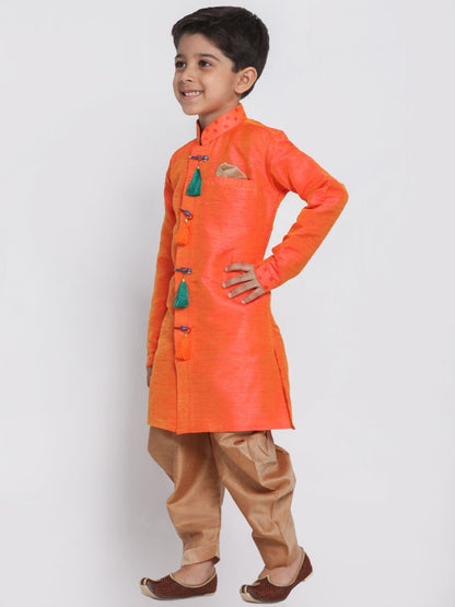 Vastramay Boys' Orange Cotton Silk Blend Kurta and Dhoti Set